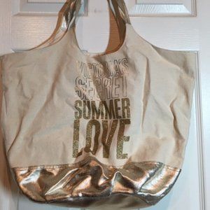 Victoria's Secret Summer Love Golden Glitter Glam Canvas Shopping Tote 20"x15"